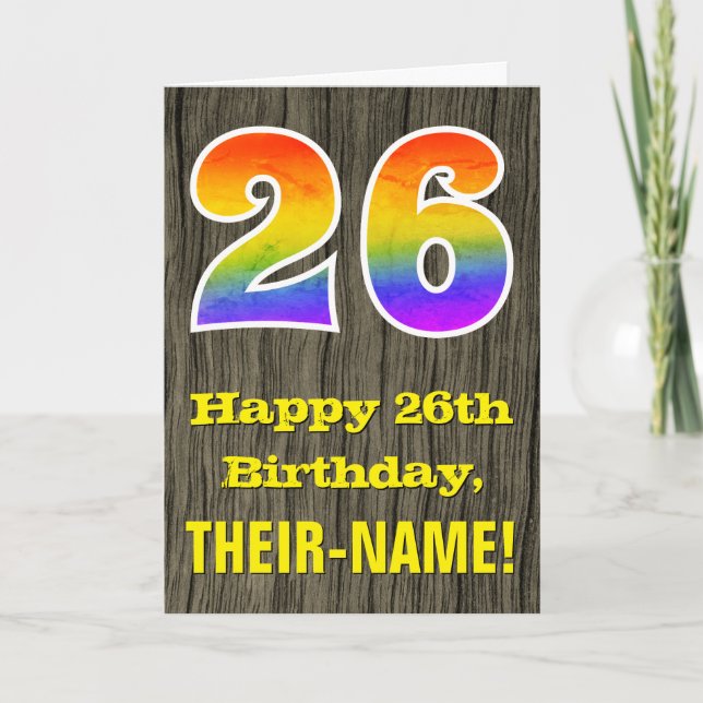 Carte 26e anniversaire : Rustic Faux Wood Look, Arc-en-c (Devant)