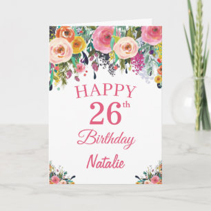 Carte 26e Birthday Watercolor Floral Flowers Pink Card