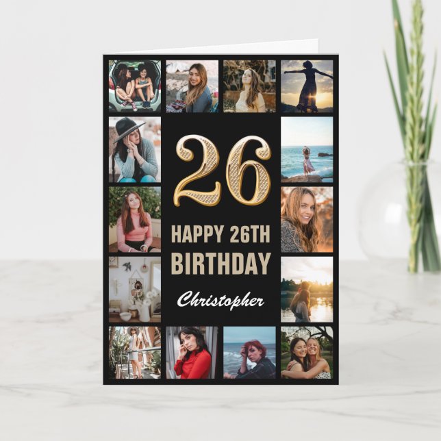 Carte 26e Joyeux Anniversaire Black and Gold Photo Colla (Devant)