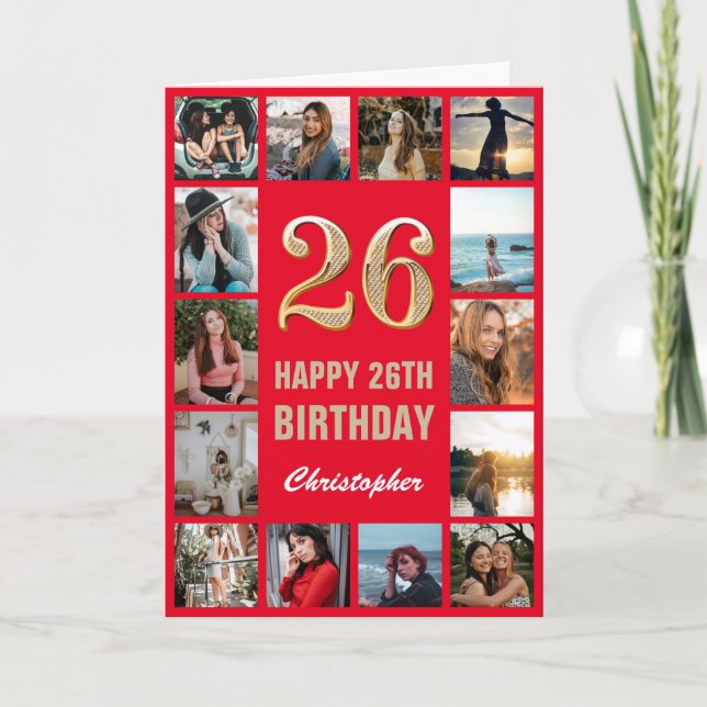 Carte 26e Joyeux Anniversaire Collage photo rouge et or (Devant)