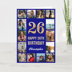 Carte 26e Joyeux Anniversaire Marine Blue & Gold Photo C