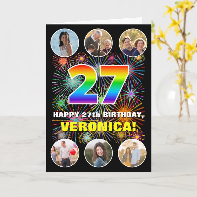 Carte 27e anniversaire : Arc en ciel amusant #, Nom pers (Fleur jaune)