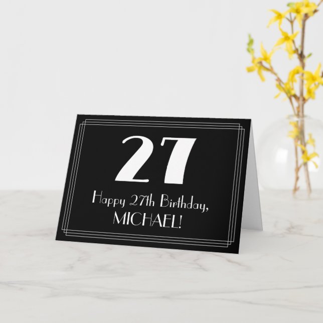 Carte 27e anniversaire ~ Art Déco Inspiré Look "27", Nom (Fleur jaune)
