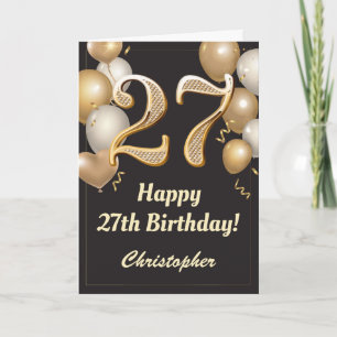 Carte 27e anniversaire Ballons Noir et Or Confetti