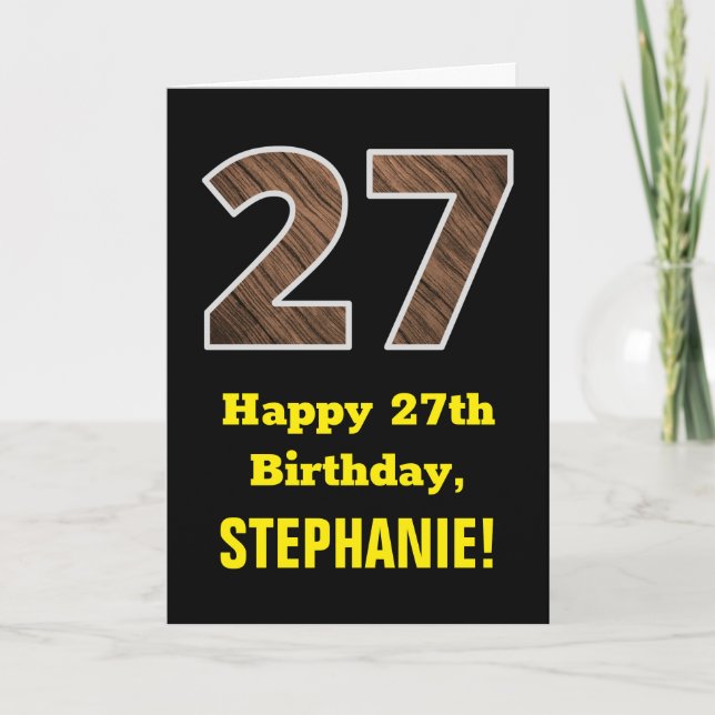 Carte 27e anniversaire : Nom, Motif Faux Wood Grain "27" (Devant)