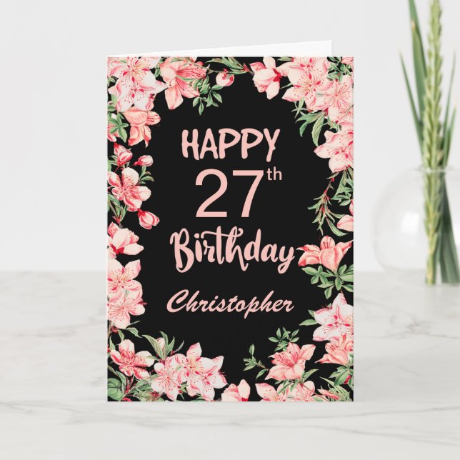 Carte 27e anniversaire Peach rose aquarelle Floral Noir (Devant)