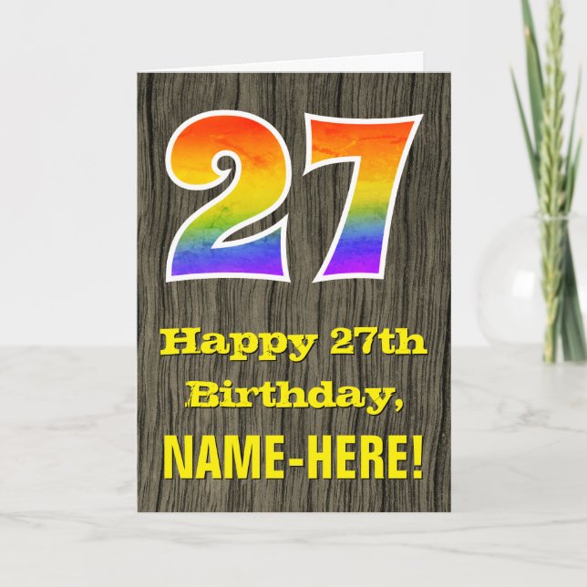 Carte 27e anniversaire : Rustic Faux Wood Look, Arc-en-c (Devant)