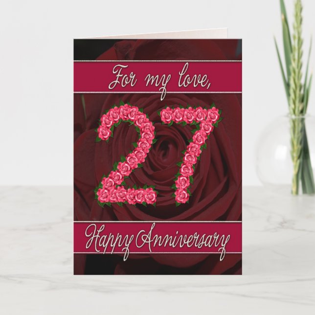Carte 27th anniversary card with roses and leaves (Devant)