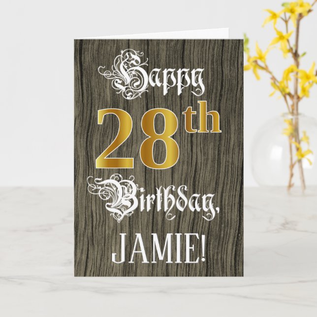 Carte 28e anniversaire : Faux Gold Look + Faux Wood Moti (Fleur jaune)