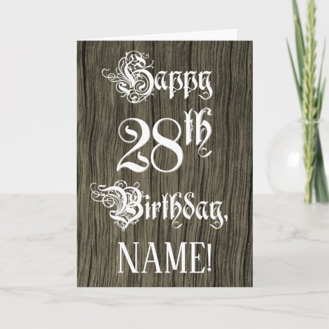 Carte 28th Birthday : Fancy, Elegant Text ; Faux Wood Lo (Devant)