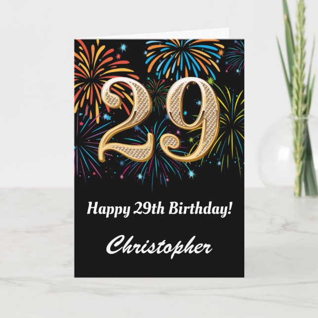 Carte 29e anniversaire Rainbow Fireworks noir et or (Devant)
