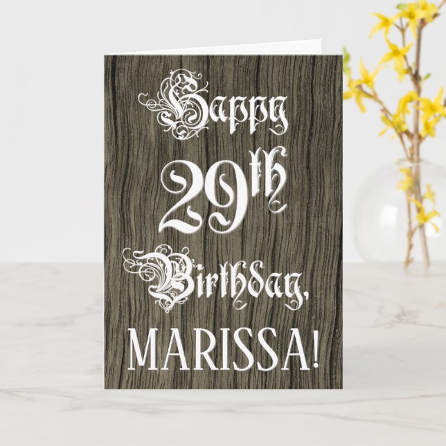 Carte 29th Birthday : Fancy, Elegant Text ; Faux Wood Lo (Fleur jaune)