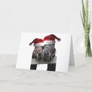 Carte 2 chevaux portant des chapeaux de Père Noël