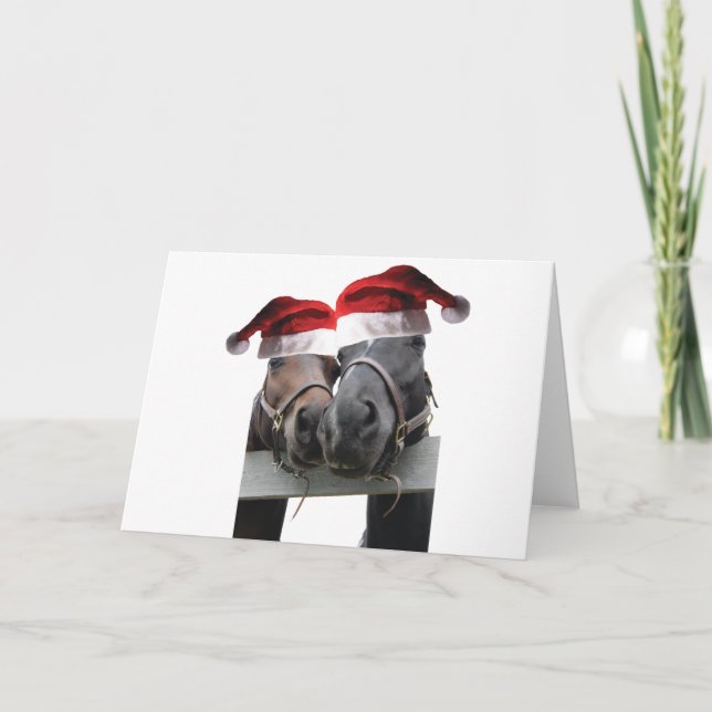 Carte 2 chevaux portant des chapeaux de Père Noël (Devant)