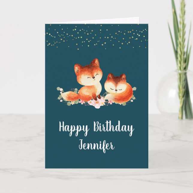Carte 2 mignons Petits Renards Rouges Anniversaire (Devant)