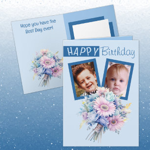 Carte 2 photo gerbera bleu anniversaire