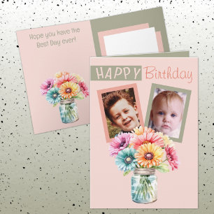 Carte 2 photo gerbera corail vert anniversaire