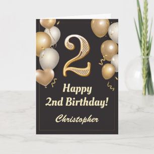 Carte 2e anniversaire Ballons Noir et Or Confetti
