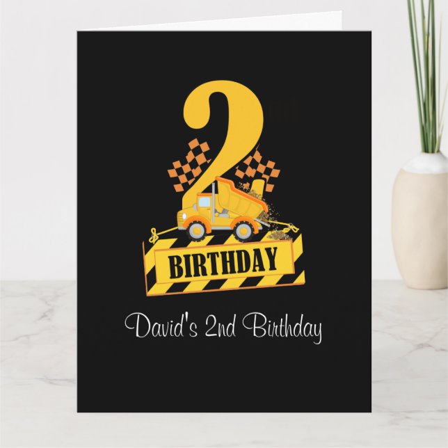Carte 2e anniversaire Camion de construction noir et jau (Devant)
