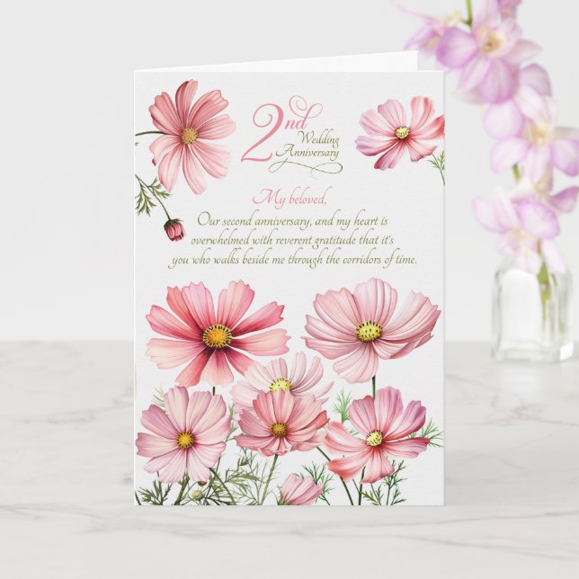 Carte 2e Anniversaire de Mariage Cosmos Rose Sentimental (Orchidée)