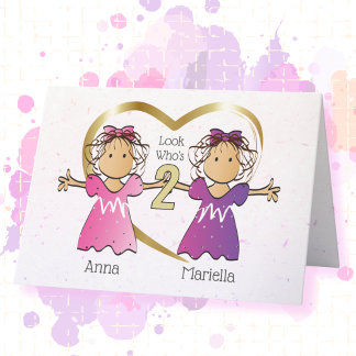 Carte 2e Anniversaire Ethnique Filles Jumelles Dessin A