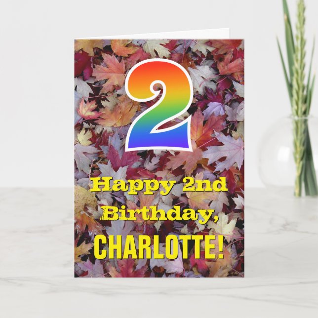 Carte 2e anniversaire; feuilles d'automne rustiques; arc (Devant)
