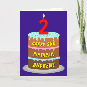 Carte 2e anniversaire : Gâteau et bougie amusants + Nom