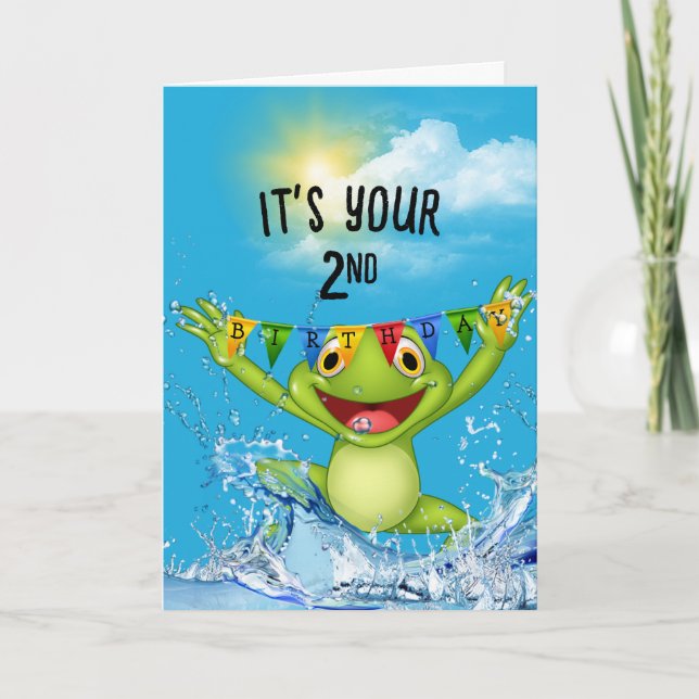 Carte 2e anniversaire grenouille à bosse dans l'eau (Devant)