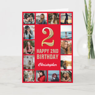 Carte 2e anniversaire heureux Collage photo rouge et or