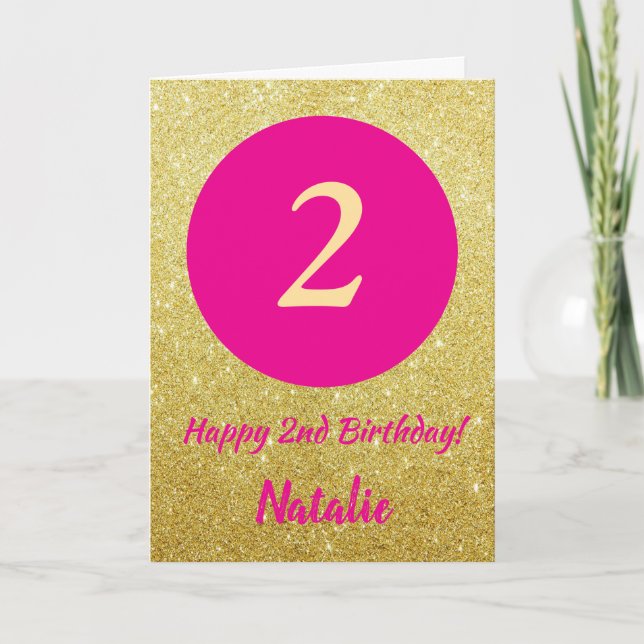 Carte 2e anniversaire heureux Hot rose et Parties scinti (Devant)