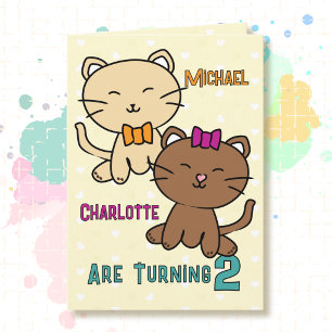 Carte 2e anniversaire jumeaux garçon fille chat dessin a