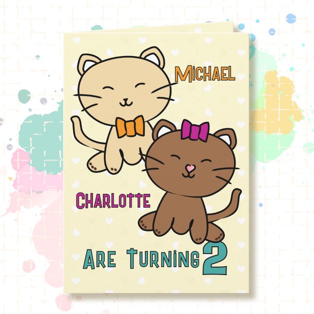 Carte 2e anniversaire jumeaux garçon fille chat dessin a (Créateur téléchargé)