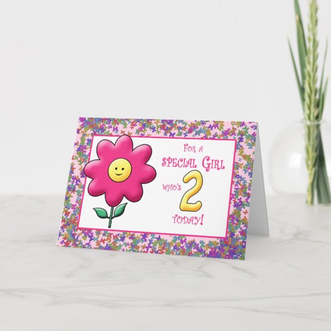 Carte 2e anniversaire mignon Fleur rose et (Devant)