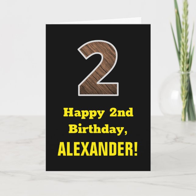 Carte 2e anniversaire : Nom, Motif Faux Wood Grain "2" (Devant)