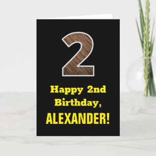 Carte 2e anniversaire : Nom, Motif Faux Wood Grain "2"