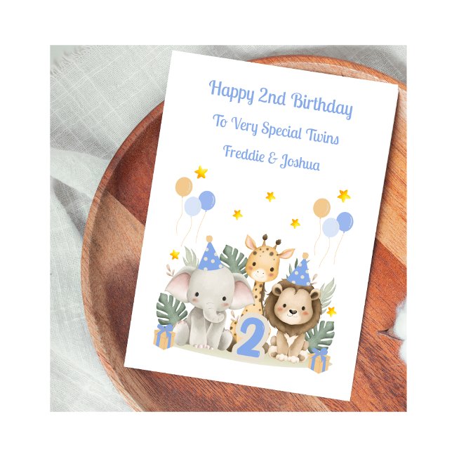 Carte 2nd Birthday Safari Animals Twin Boys Card (Créateur téléchargé)