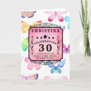 Carte 30e anniversaire Aquarelle rose papillon Salutatio