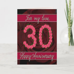 carte 30e anniversaire avec roses et feuilles