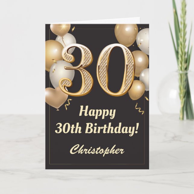 Carte 30e anniversaire Ballons Noir et Or Confetti (Devant)