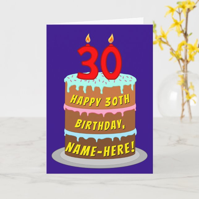 Carte 30e anniversaire : Fun Cake and Candles + Nom pers (Fleur jaune)