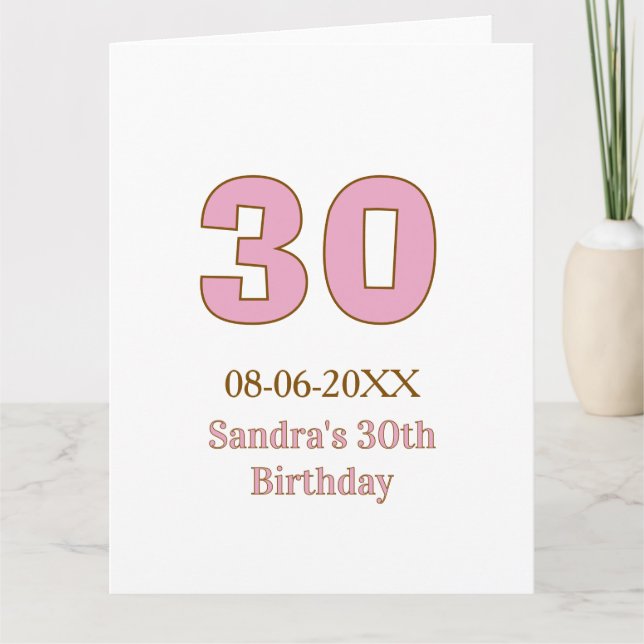 Carte 30e anniversaire gras rose nom date simple mi (Devant)