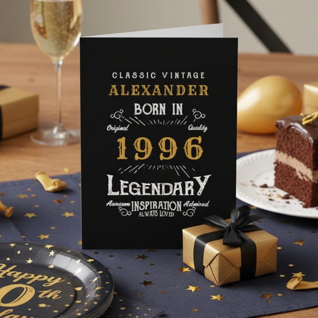 Carte 30e anniversaire Né 1996 Vintage Black Gold (30th birthday greeting card on a party table)