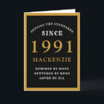 Carte 30e anniversaire personnalisé 1991 Chic noir et or<br><div class="desc">Carte d'anniversaire 30 ans noir et or pour les personnes spéciales nées en 1991. Personnalisez facilement le texte à l'avant et à l'intérieur de cette carte d'anniversaire en utilisant le modèle fourni. Fait partie de la gamme de cartes de vœux setting standards.</div>