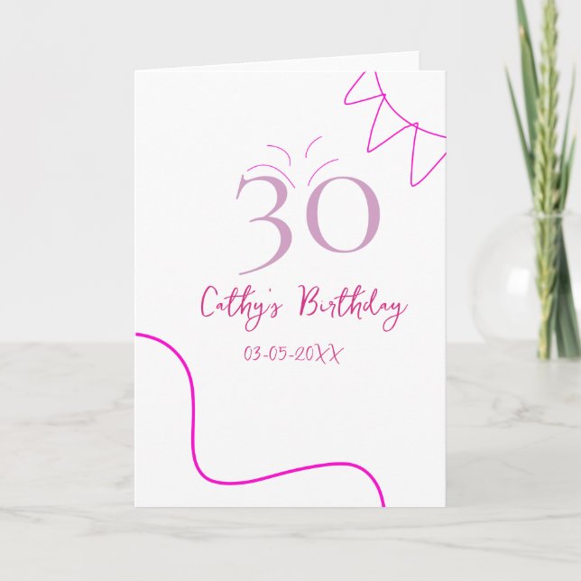 CARTE 30E ANNIVERSAIRE ROSE VIOLET PASTEL DESSINÉ RÉTRO  (Devant)