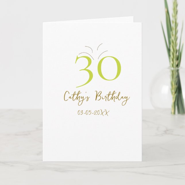CARTE 30E ANNIVERSAIRE VERT OR PASTEL RÉTRO DESSINÉ À LA (Devant)