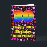 Carte 30th Birthday: Loving Hearts Pattern, Rainbow # 30<br><div class="desc">The front of this joyful and colorful birthday greeting card design features a large number “30” having a rainbow spectrum gradient inspired pattern. It also features the message “Happy 30th Birthday, ”, and an editable name. The background of the front features a pattern of pink, red, and purple heart shapes....</div>