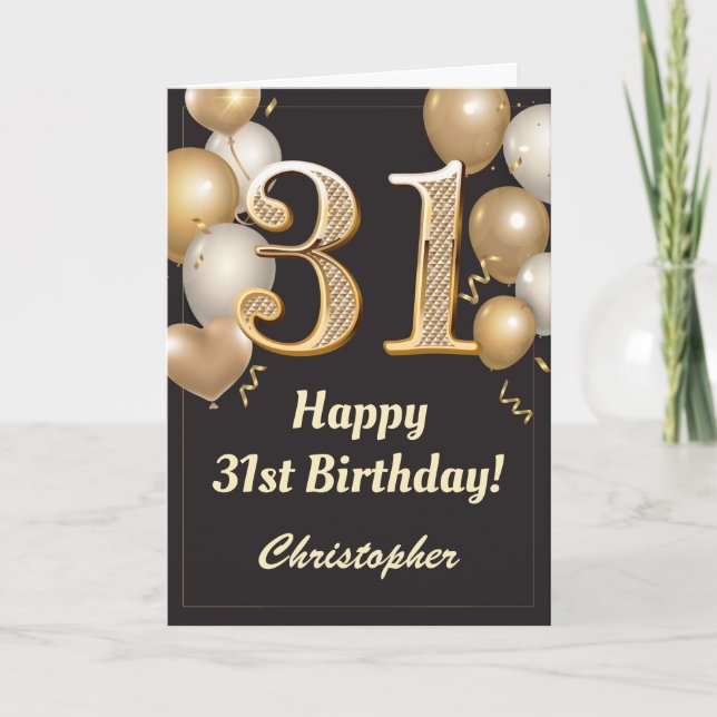 Carte 31e anniversaire Ballons Noir et Or Confetti (Devant)