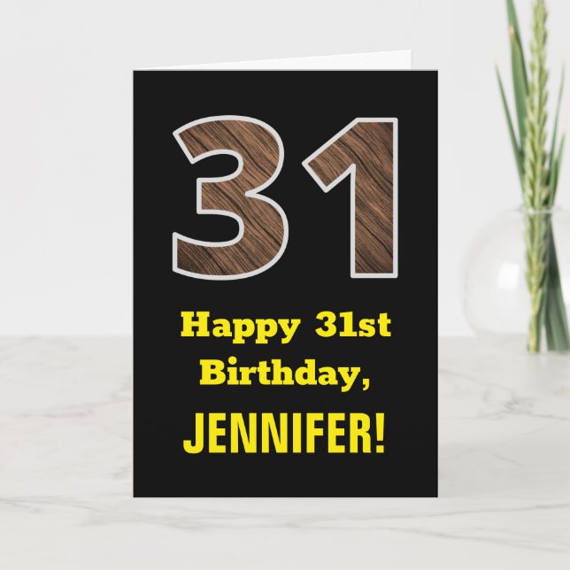 Carte 31e anniversaire : Nom, Motif Faux Wood Grain "31" (Devant)