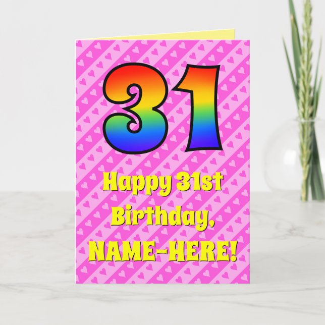 Carte 31e anniversaire : Pink Stripes & Hearts, Arc-en-c (Devant)
