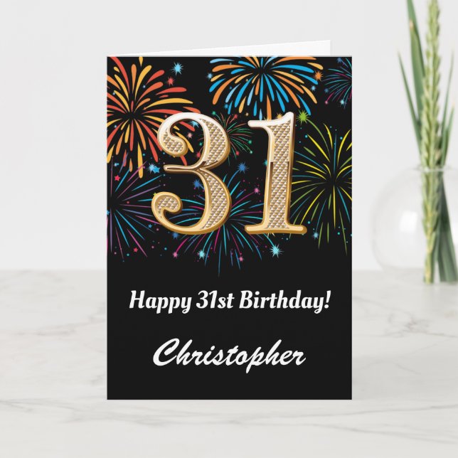 Carte 31e anniversaire Rainbow Fireworks noir et or (Devant)